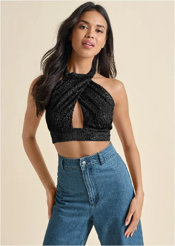 Boutique Styles Sequin Halter Crop Top - Black