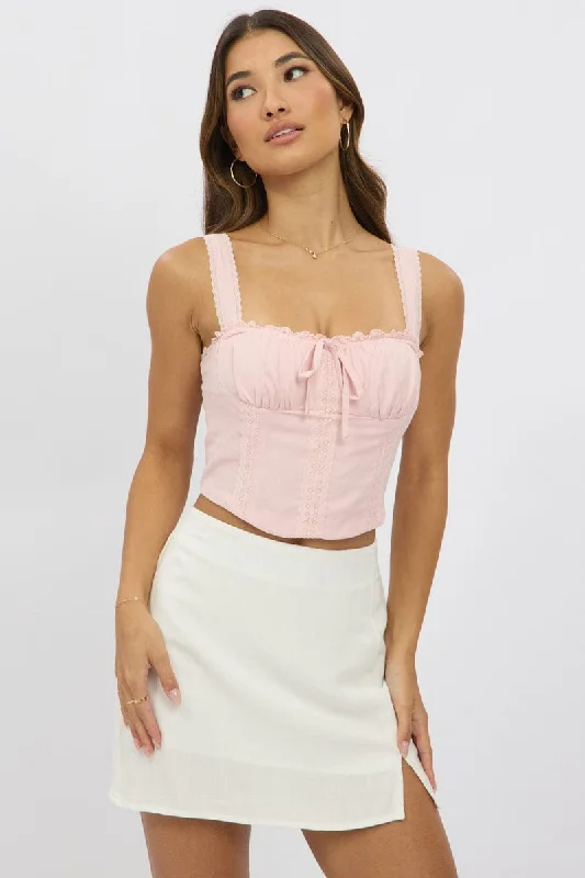 Women's Versatile Apparel Pink Corset Crop Top Sleeveless Ruched Bust Lace Trim