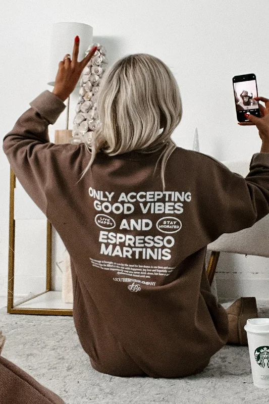 Contemporary Women's Clothing "Good Vibes And Espresso" Graphic Sweatshirt (Brown)