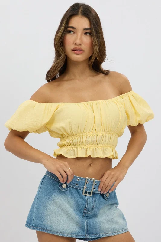 Women's Party Outfit Yellow Ruffle Crop Top Puff Sleeve