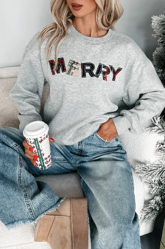 Comfortable Casual Wear Happy For The Holidays Plaid "Merry" Sweatshirt (Heather Grey)