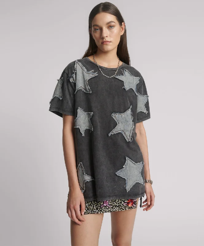 Women's Casual and Dressy Outfits Denim Star Hand Embellished Boyfriend Tee - Charcoal