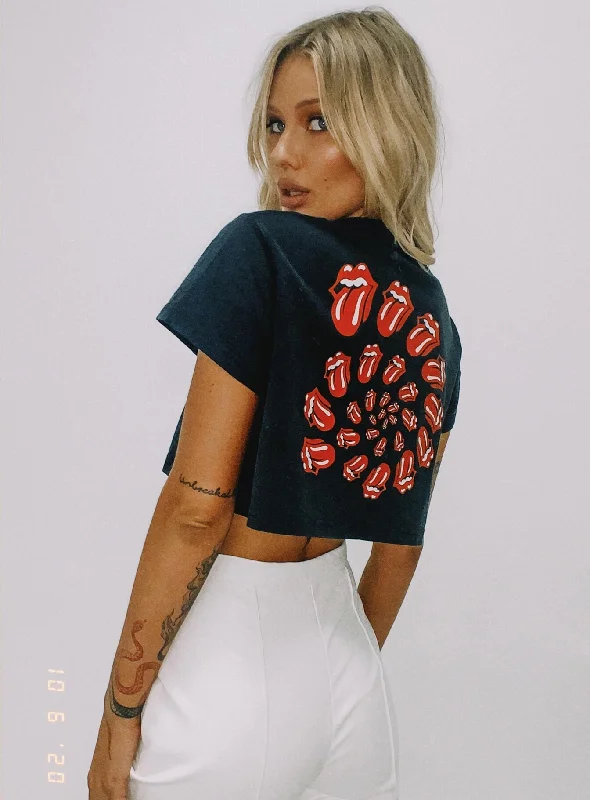 Women's Stylish Casual Garments Rolling Stones Many Tongues Crop Tee Black