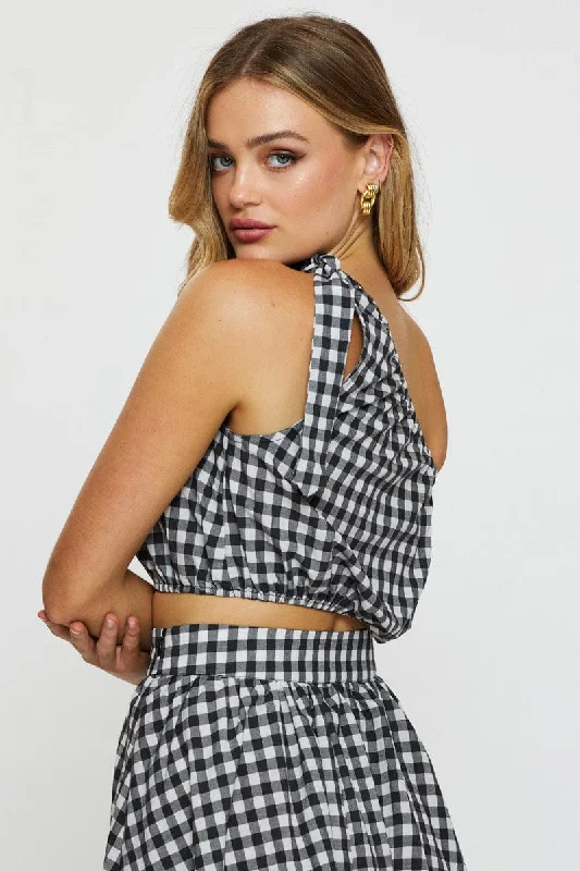 Edgy Fashion Check Crop Top One Shoulder Linen