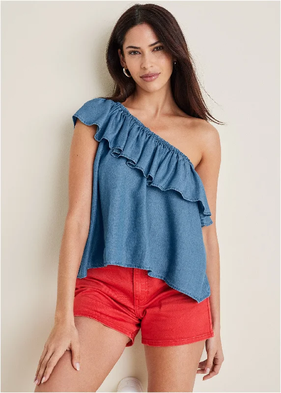 Premium Fabrics Chambray Ruffle Top - Medium Wash