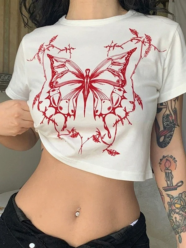 Women's Transitional Garments Cosybreezee - White Y2K Butterfly Print Crop Top