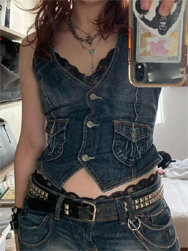 Affordable Women's Clothing Sale Online Cosybreezee - Denim Corset Top with Button Front