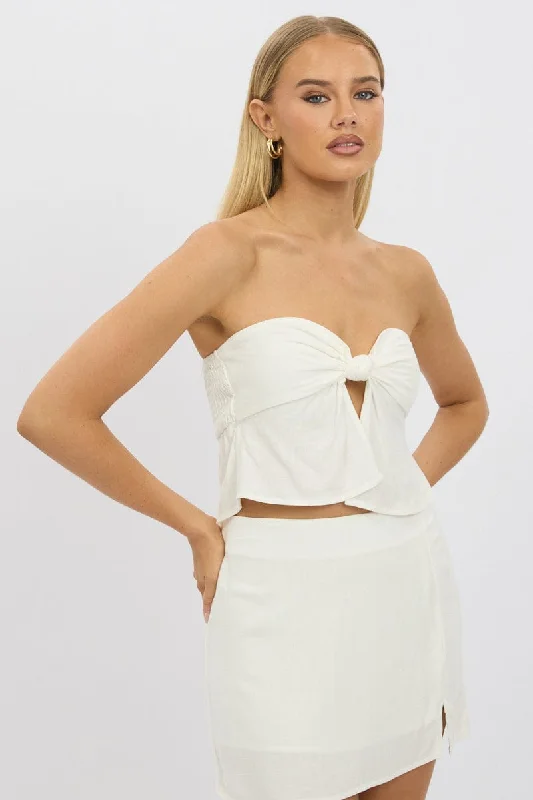 Women's Resort Apparel White Tube Top Strapless Open Front Linen Blend