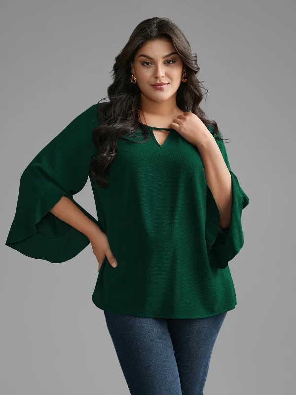 Bold and Elegant Women's Fashion Solid Keyhole Ruffle Sleeve Blouse