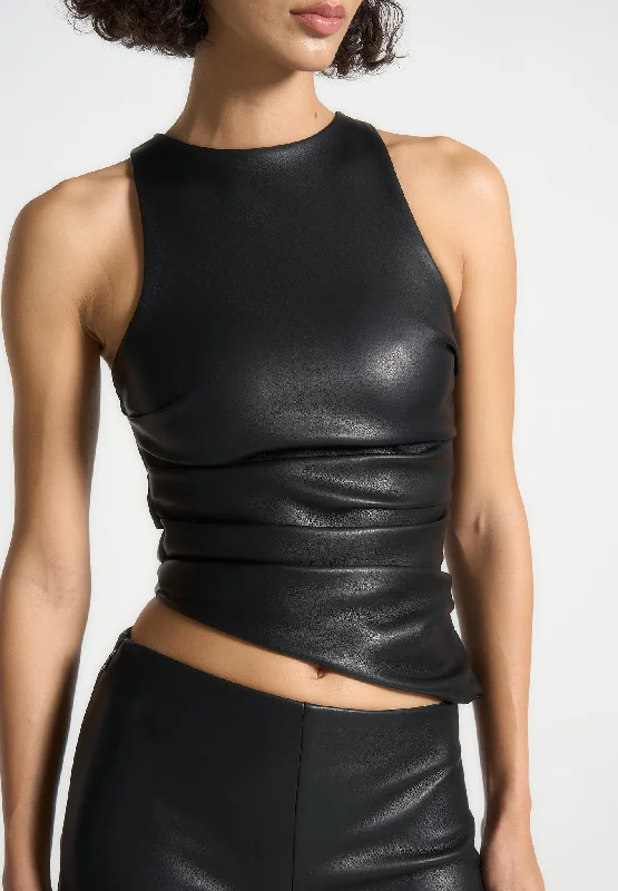 Women's Clothing Online Leather Asymmetric Tacked Racer Top - Black