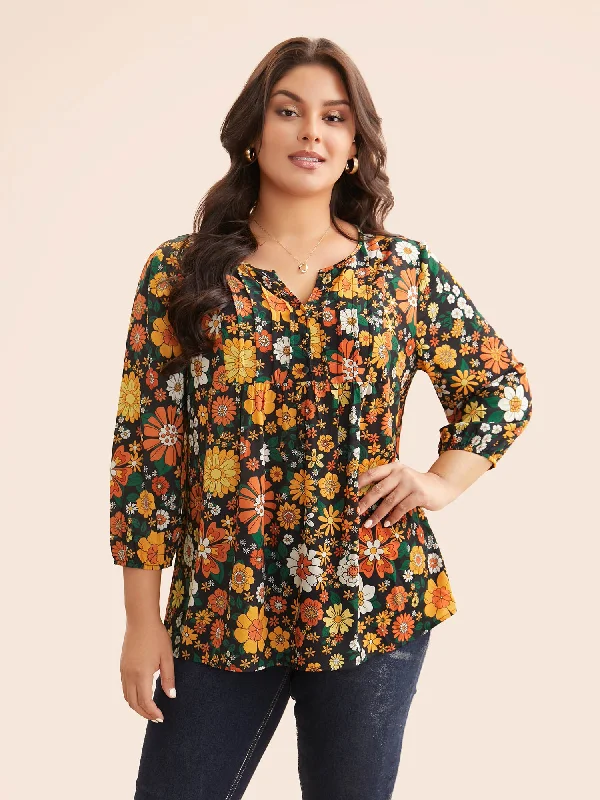 Affordable Online Boutique Natural Flowers Lantern Sleeve Pleated Blouse