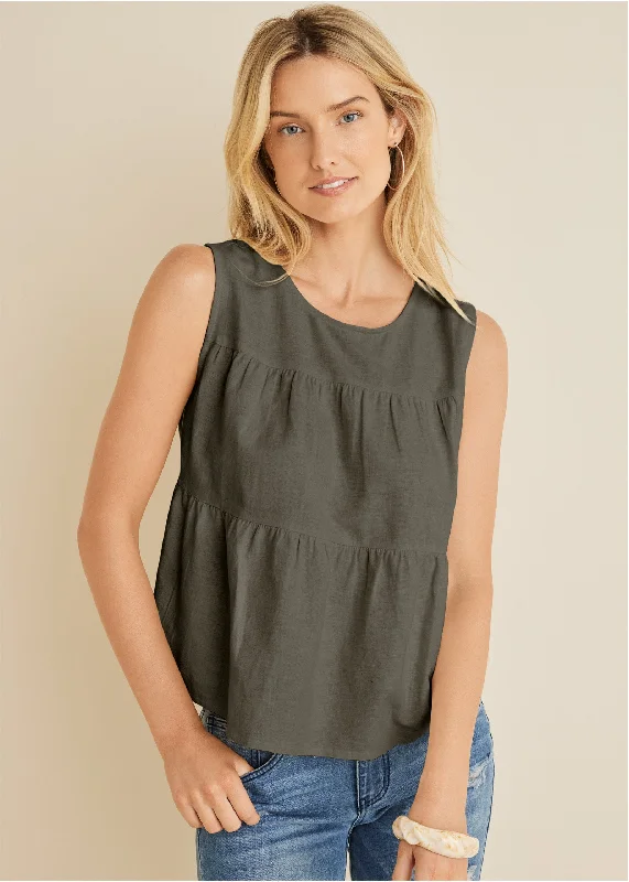 Laid-Back Elegance Linen Tiered Tank Top - Olive