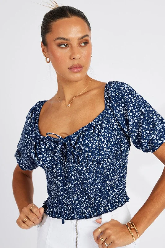 Women's Clothing Blue Floral Crop Top Short Sleeve