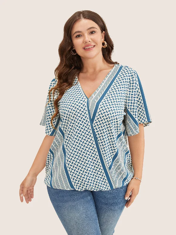 Women's Clothes And Apparel Geometric Contrast Ruffle Sleeve Wrap Blouse