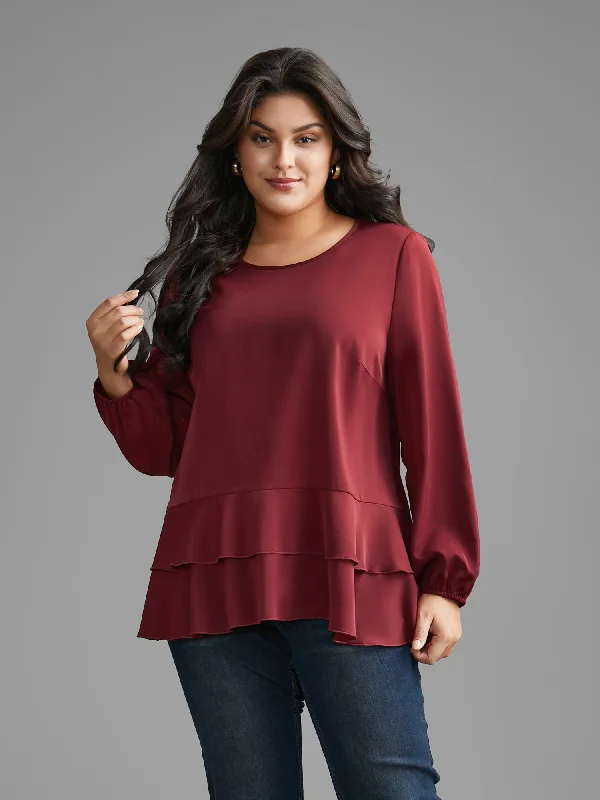 Women's Clothing Sale Online Plain Tiered Ruffle Hem Lantern Sleeve Blouse