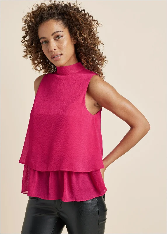 Business Casual Outfits Mock Neck Tiered Top - Fuchsia