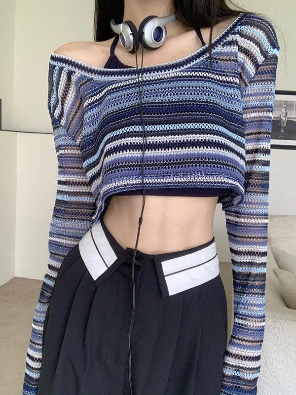 Clothing For Women Cosybreezee - Contrast Striped Crochet Knit Crop Top