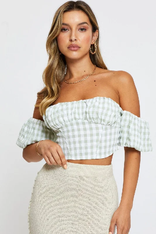 Discount Price Check Crop Top Off Shoulder Short Sleeve