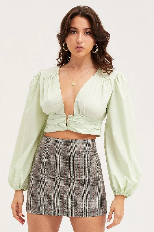 Casual Wear Green Crop Top Long Sleeve