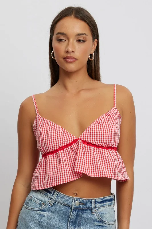 Comfortable Women's Apparel Red Check Cami Crop Top