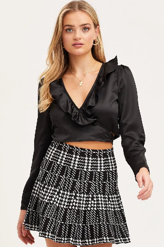 Summer Sale Black Crop Top Long Sleeve V-Neck