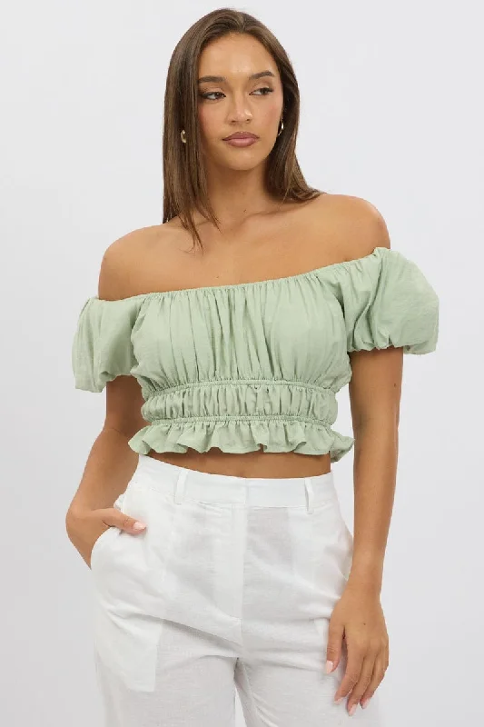 Women's Activewear Outfit Green Ruffle Crop Top Puff Sleeve