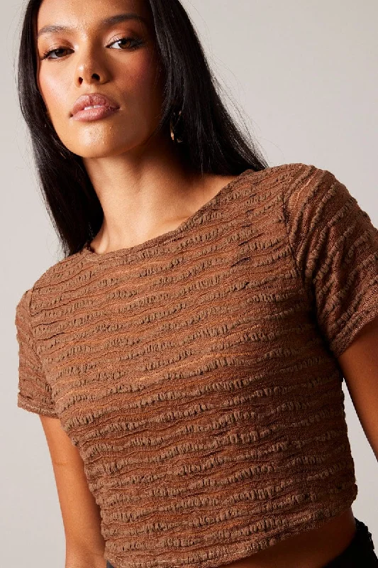 Elegant Women's Fashion Brown Crop Top Short Sleeve Textured