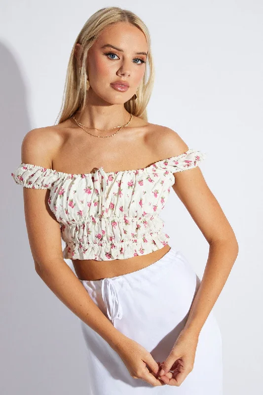 Trendy Women's Dresses Online White Ditsy Crop Top Short Sleeve