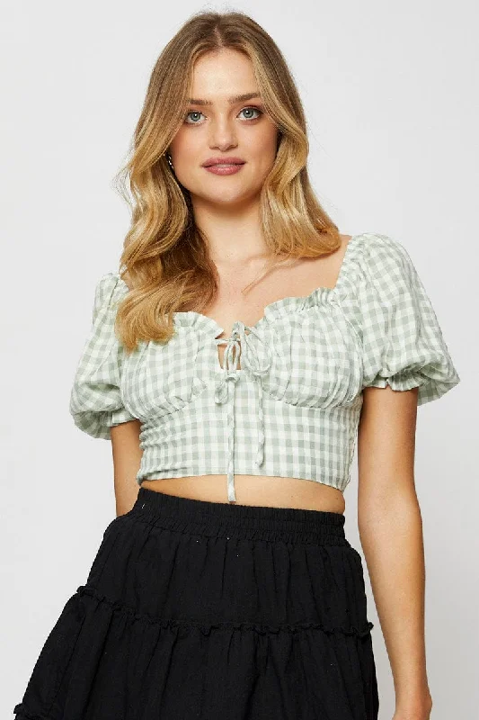 Vibrant Femme Fashion Check Crop Top Short Sleeve Tie Up