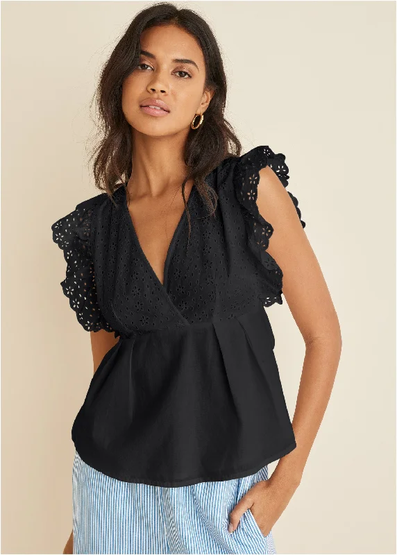 Sophisticated Fashion Eyelet Ruffle Tank - Black