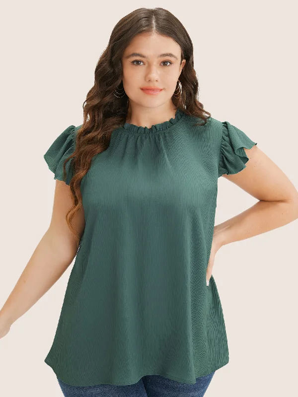 Exclusive Online Sale Plain Mock Neck Cap Sleeve Ruffle Trim Blouse