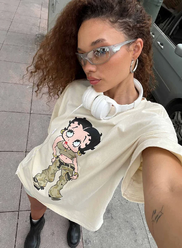 Women's Elegant Evening Attire Betty Boop Camo Girl Oversized Tee Beige