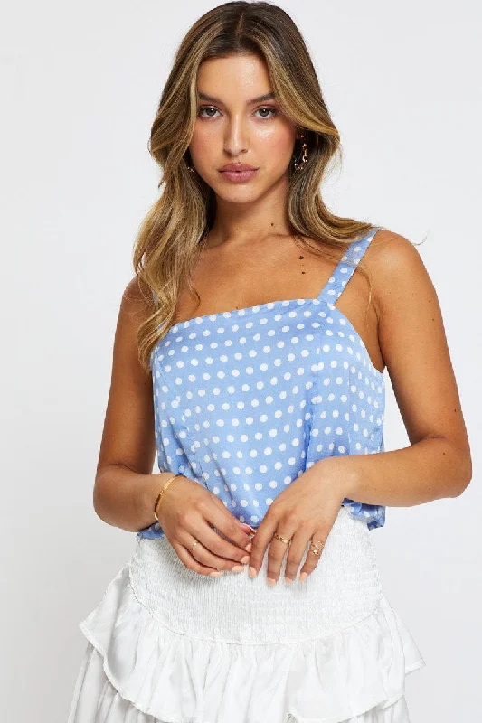 Athleisure Wear Polka Dot Singlet Top Square Neck Linen