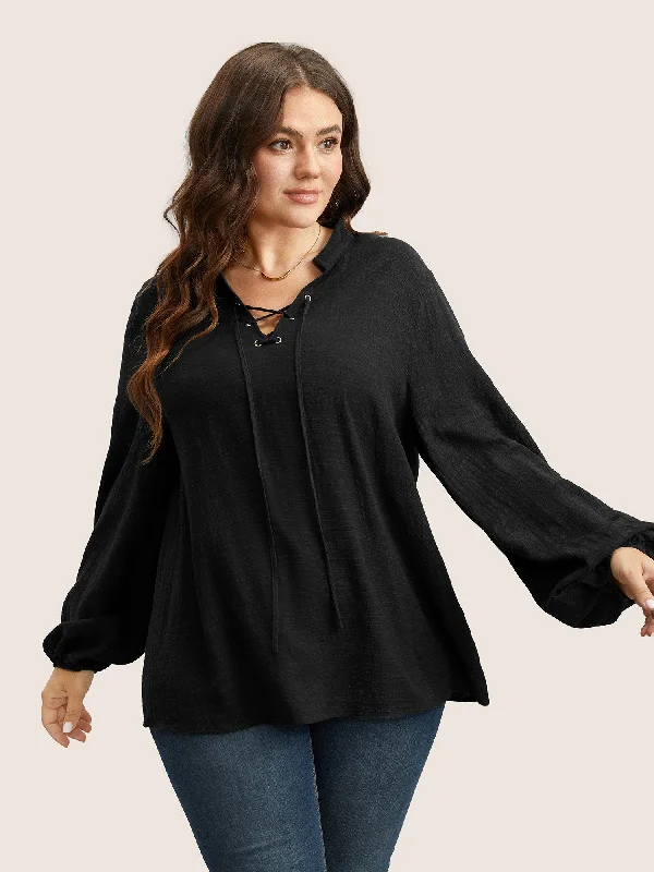 Cheap Women's Clothing Online Plain Lace Up Lantern Sleeve Blouse