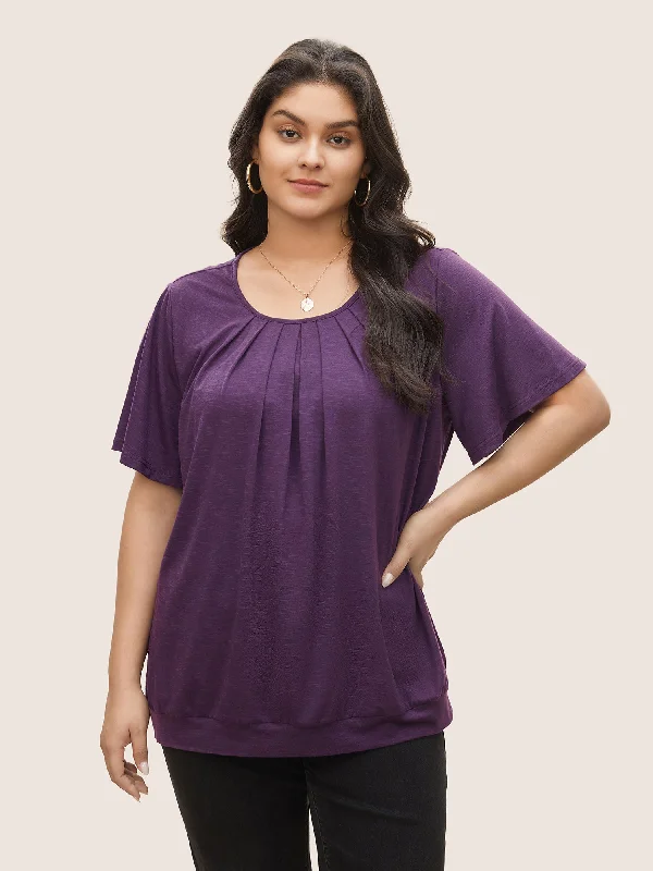 Women's Vacation Attire Solid Plicated Detail Flutter Sleeve T-shirt