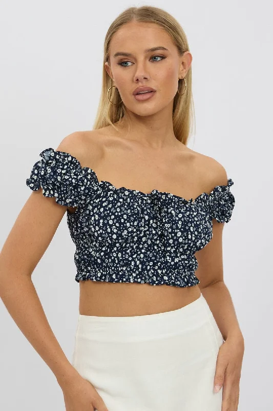 Women's Formal Clothes Blue Ditsy Crop Top Short Sleeve Ruched Bust