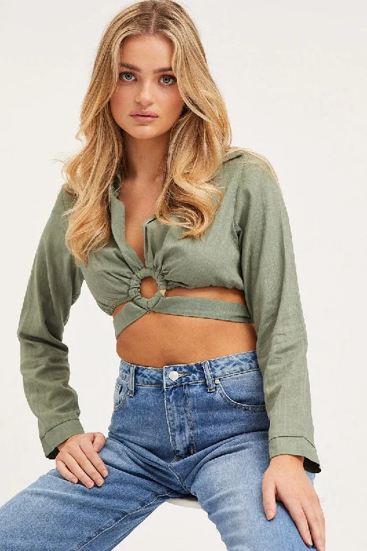 Timeless Classics Green Bell Sleeve Top Long Sleeve Crop