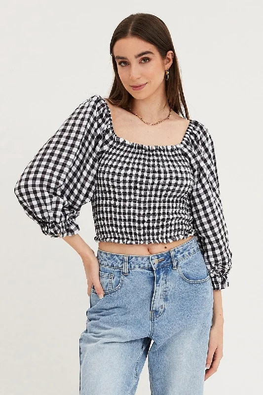 Edgy Fashion Check Shirred Top Three-Quarter Crop