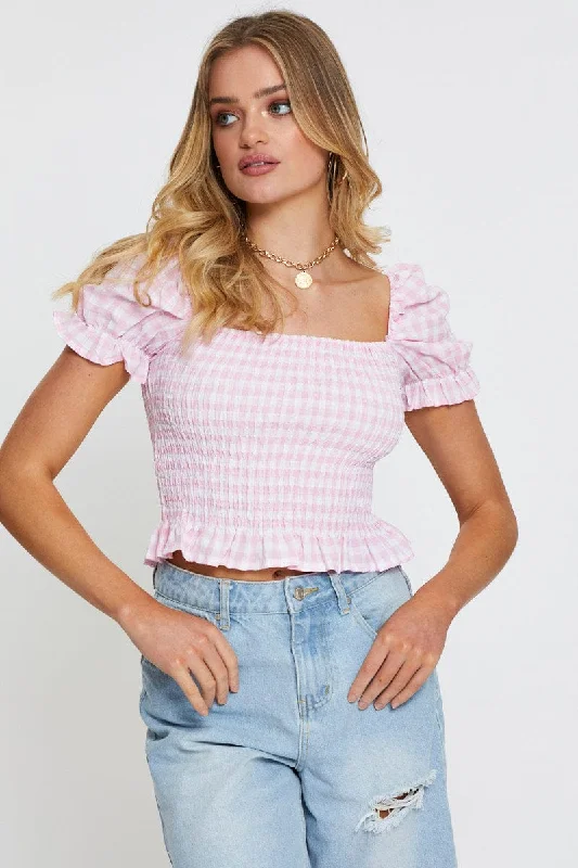 Relaxed Fashion Check Crop T Shirt Short Sleeve Square Neck