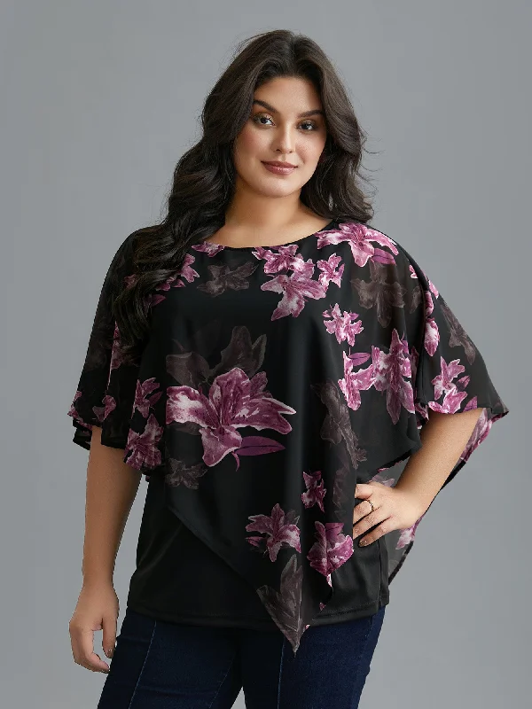 Women's Vacation Outfit Set Floral Asymmetrical Sheer Dolman Sleeve Blouse