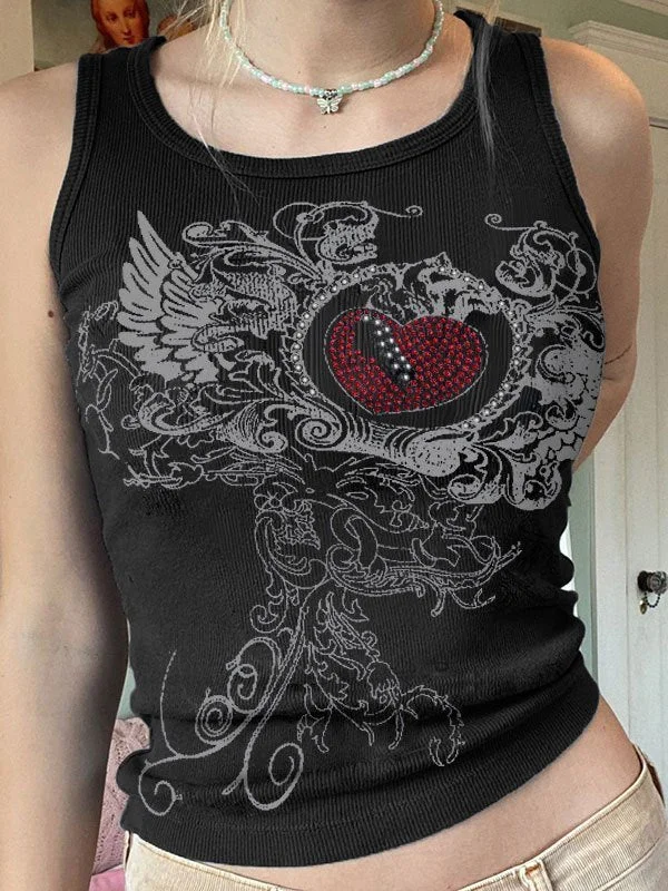 Women's Night-Out Outfit Cosybreezee - Ribbed Crop Tank Top with Heart Rhinestone Logo