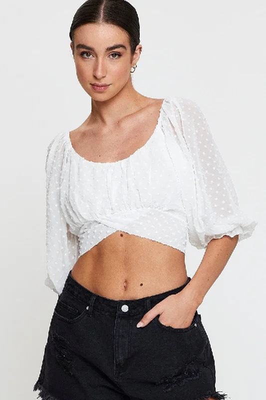 Clothes Of Woman White Crop Top Long Sleeve