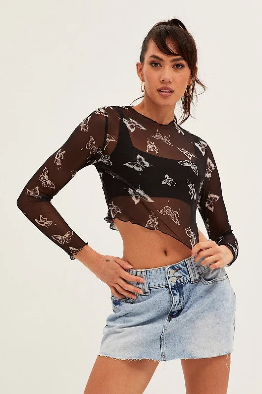 Women's Vacation Outfit Set Black Mesh Long Sleeve Crop Top