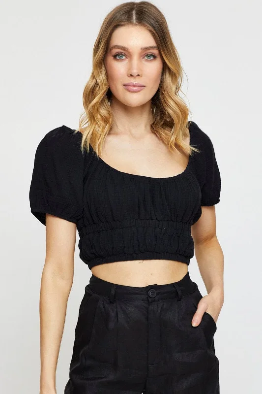 Women's Athleisure Apparel Black Crop Top Short Sleeve Gathered Bust