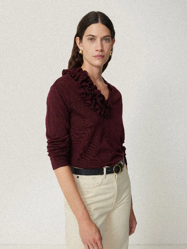 Women's Vacation Outfit Set Merino Ruffle V Neck Jumper | Burgundy