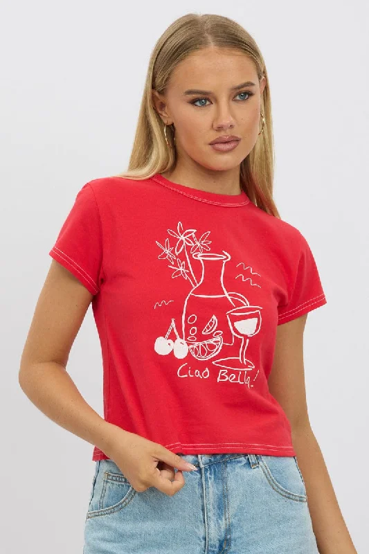 Women's Trendy Casual Outfit Red Graphic Tee Short Sleeve