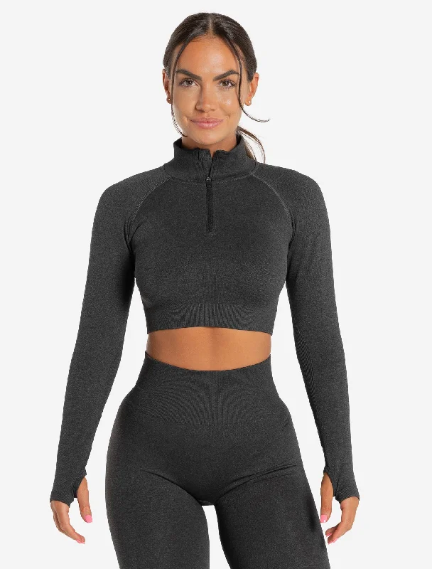 Women Fashion Core Seamless Crop 1/2 Zip - Black Marl