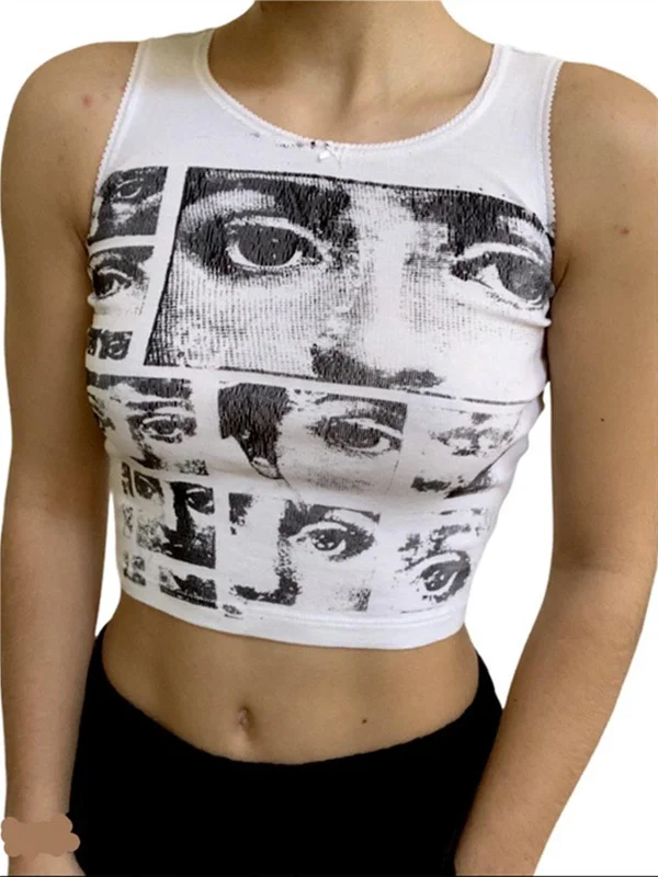 Women's High-Fashion Attire Cosybreezee - White Crop Tank Top with Staring Eye Graphic