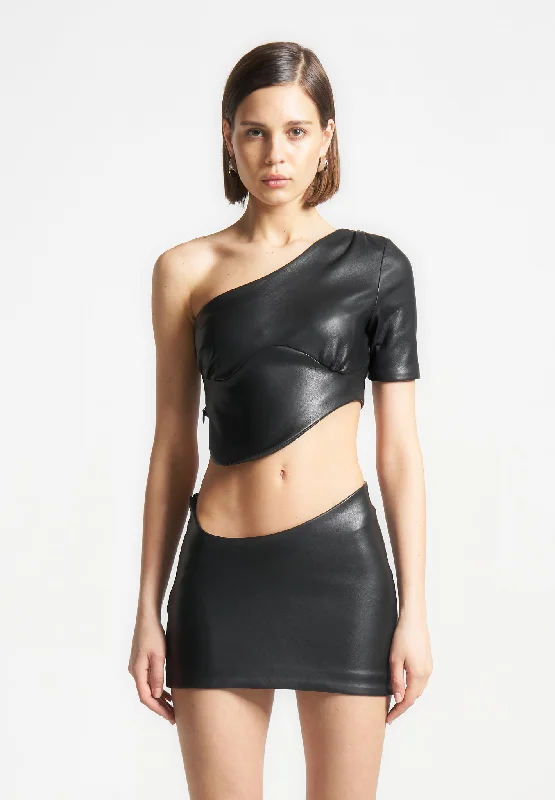 New Arrival Discount Curved Hem Leather Crop Top - Black