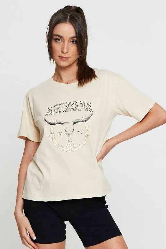 Vintage-Inspired Women's Apparel Beige Graphic T Shirt Short Sleeve